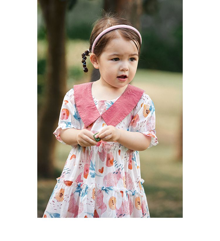 純棉公主袖連身洋裝-繽紛花花-粉+白