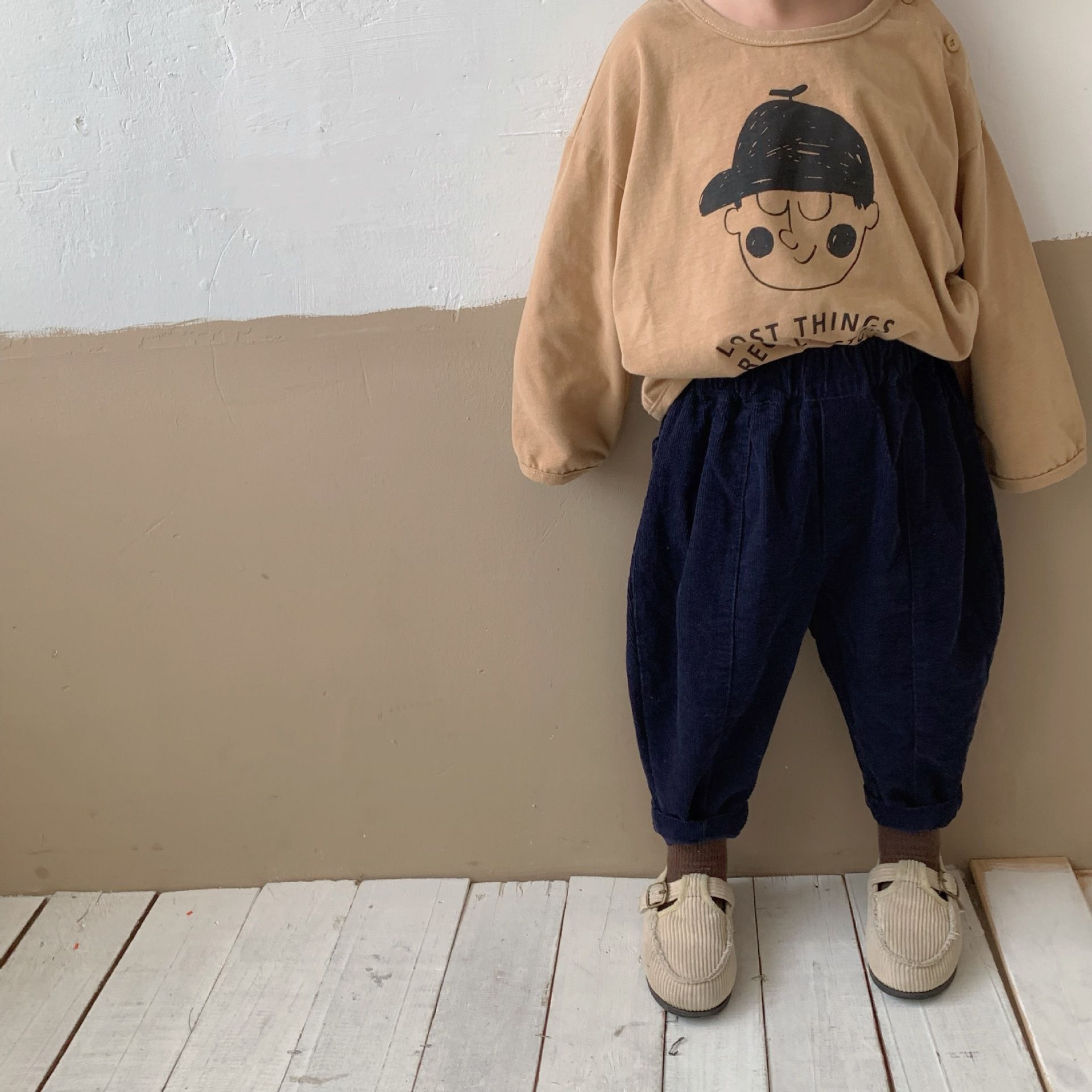 燈芯絨鬆緊腰長褲-咖啡色