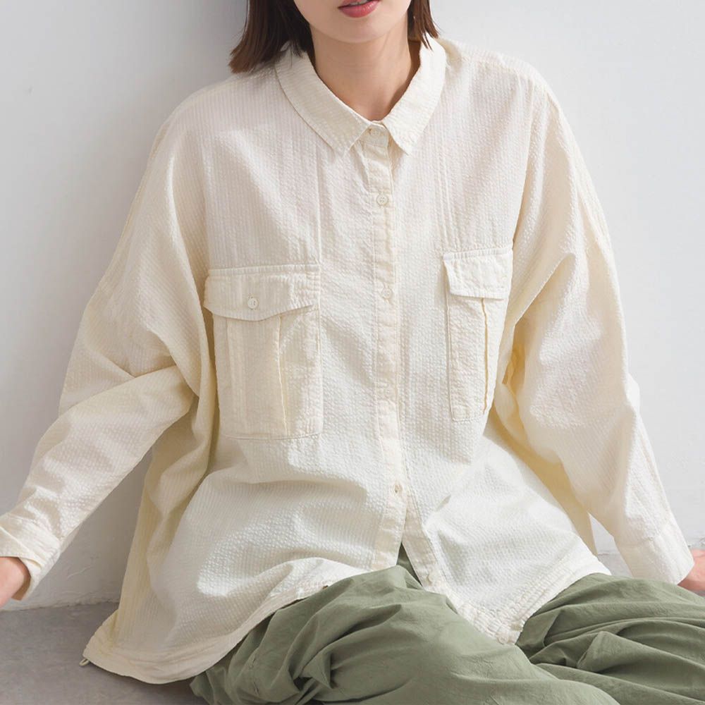 復古紋理率性抽繩純棉落肩襯衫-米白