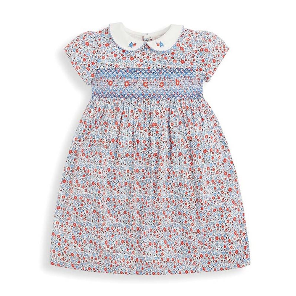英國 JoJo Maman BeBe - 超優質嬰幼兒/兒童100％純棉短袖洋裝-湛藍小花