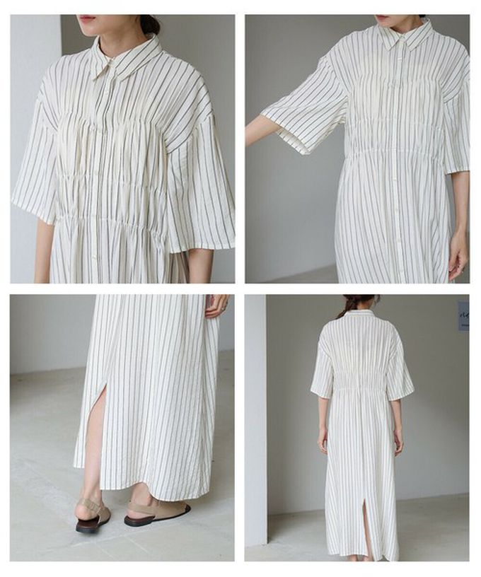 日本 Bab - 時尚抓皺襯衫式五分袖洋裝-條紋-象牙