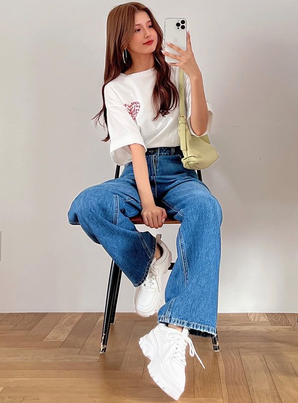 日本 GRL - 純棉落肩休閒長版短T-愛心英文-白