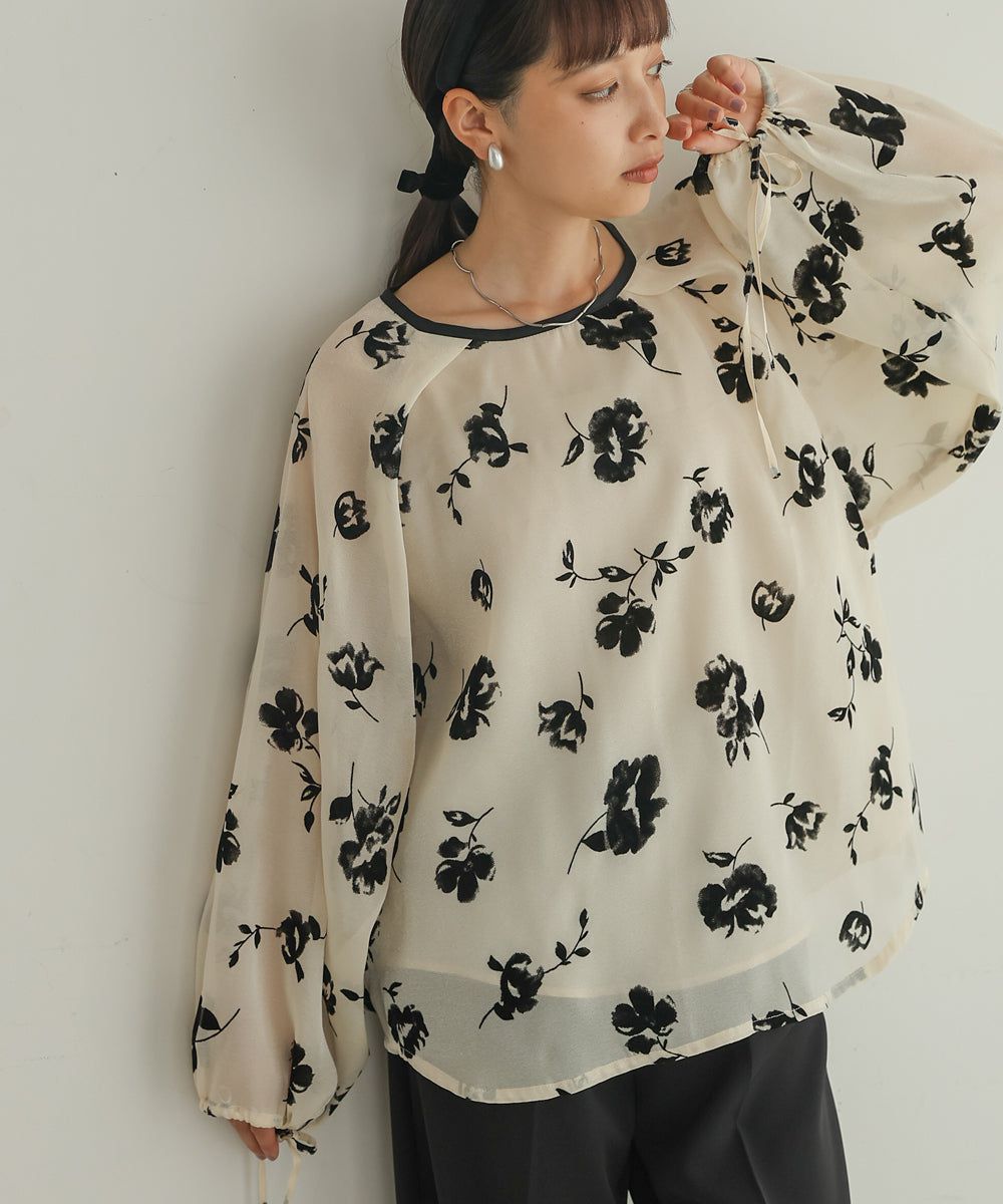 日本 Bab - 緹花透感泡泡長袖上衣-黑