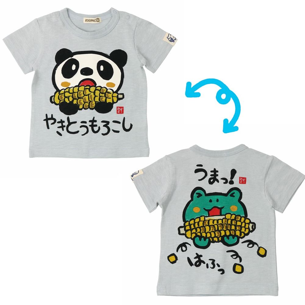 日本 ZOOLAND - 和風印花純棉短袖上衣-熊貓吃玉米-灰藍