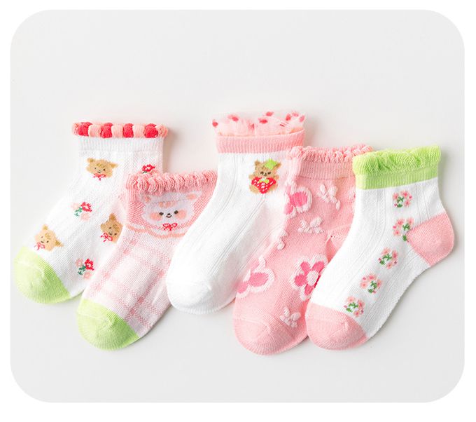 可愛小貓草莓荷葉邊網眼短筒棉襪