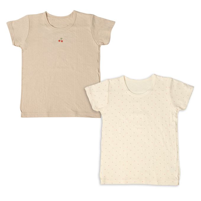 akachan honpo - 短袖圓領上衣2件組蓬鬆棉-櫻桃&點點-咖啡色