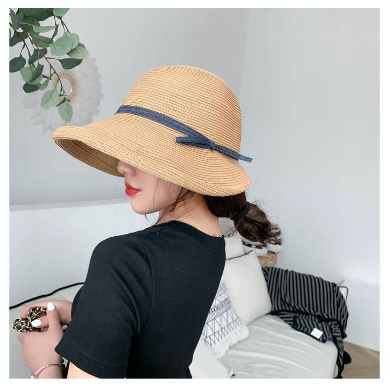 復古百搭可折疊遮陽草帽-繫帶蝴蝶結-灰色 (57cm)