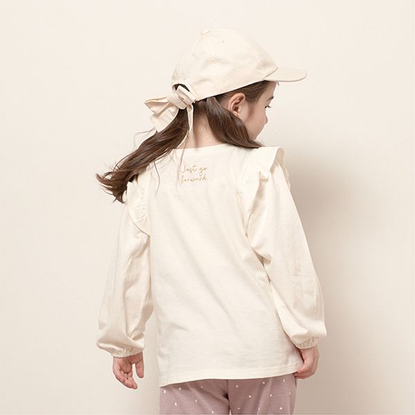 日本 Lycee mine - 閃耀印花肩部摺邊長袖上衣-草莓-象牙白