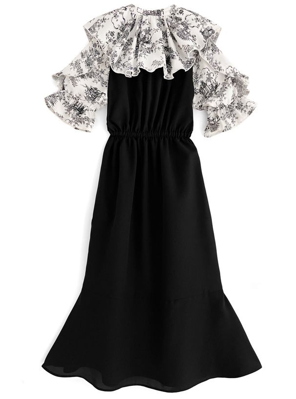 日本 GRL - 浪漫碎花拼接魚尾裙短袖洋裝-經典黑