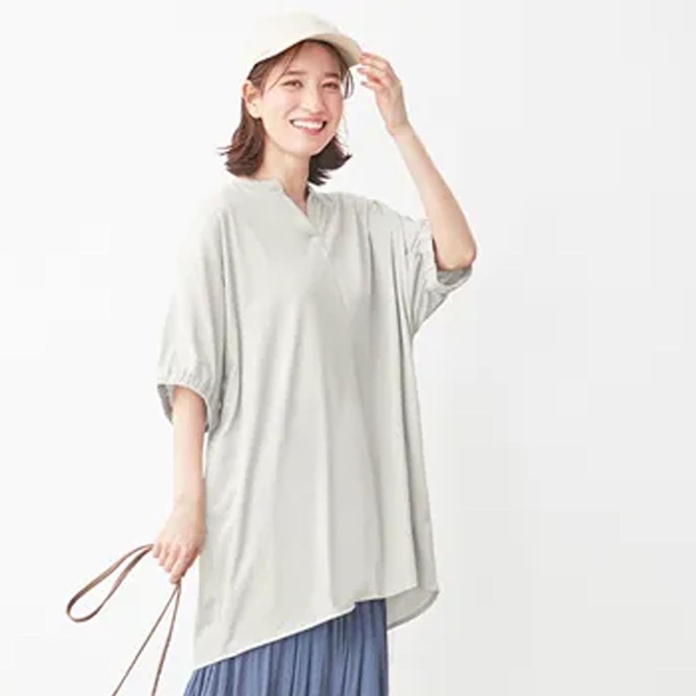 日本 BELLUNA - 防曬涼感 五機能寬鬆長版五分袖上衣-淺灰