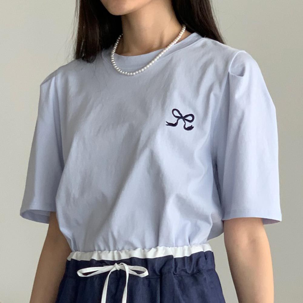 韓國女裝連線 - 蝴蝶結刺繡公主袖上衣-淺藍 (FREE)