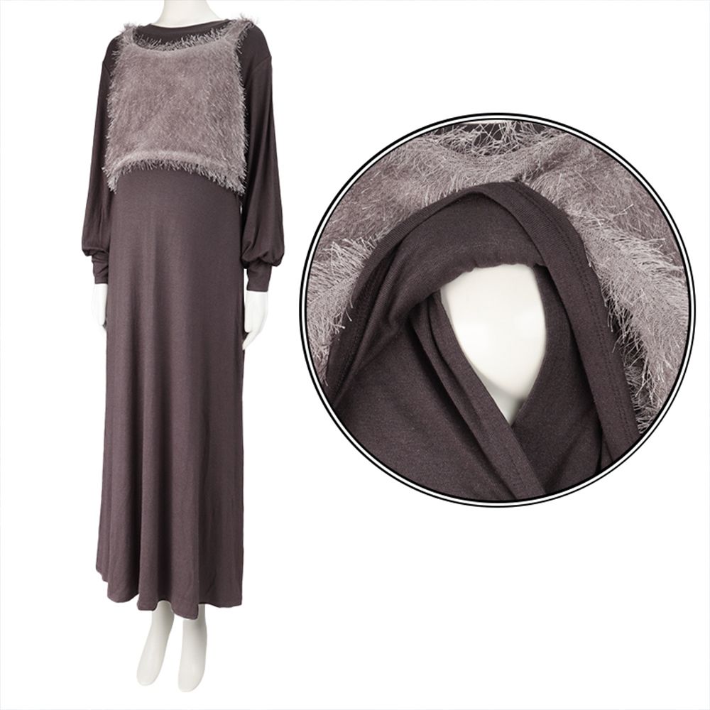 長袖洋裝-附刷毛背心-咖啡色