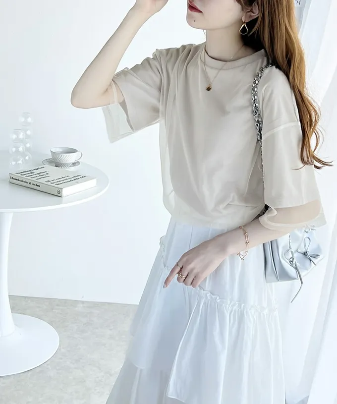 日本 Classical Elf - Java 薄紗層次酷甜五分袖上衣-米杏x象牙白紗