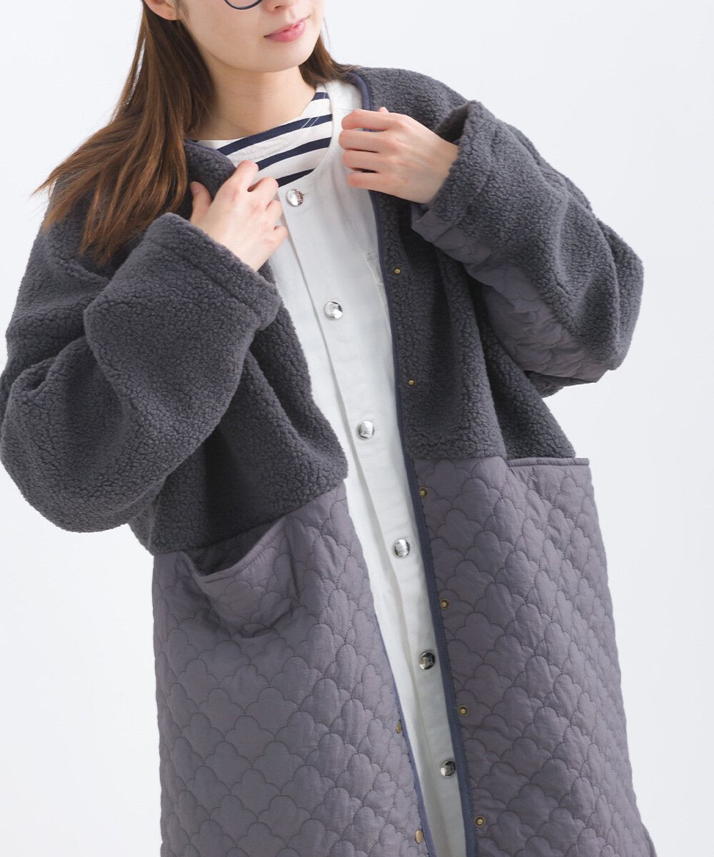 日本女裝代購 - 毛茸雲朵絎縫拼接長版鋪棉外套-軍綠