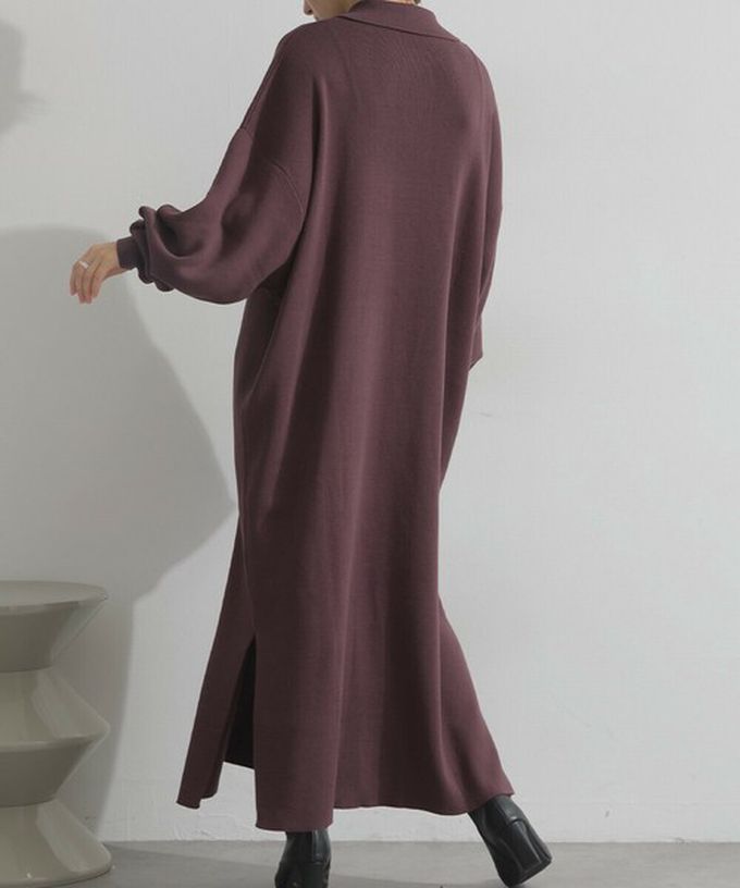 日本 Lupilien - 氣質排扣polo衫針織長袖洋裝-咖啡棕