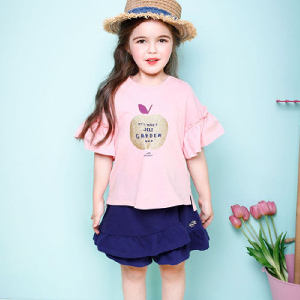 韓國 Jelispoon - 蘋果不規則荷葉褲裙套裝-粉紅X深藍