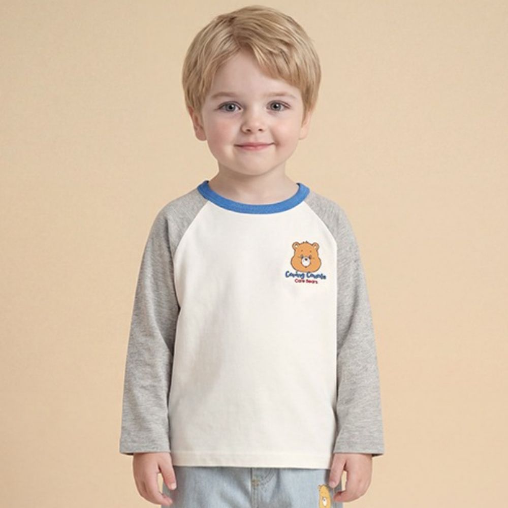 聯名款熊熊圖案拼色長袖上衣-白X灰