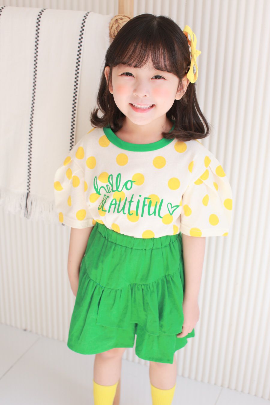 韓國 Dalla - 波點泡泡袖純棉T-黃波點