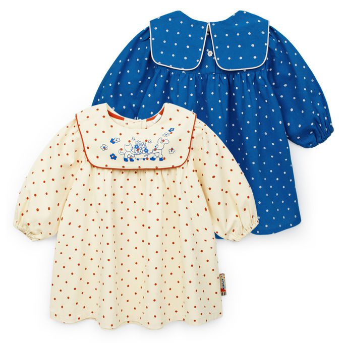 韓國 Pimpollo - 滿版圓點方形翻領連身洋裝-寶藍