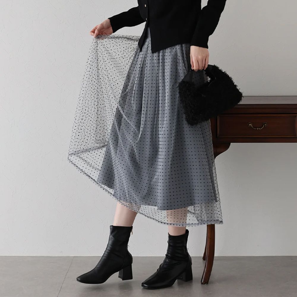 華麗雙層薄紗魅力長裙(可選長度)-水玉-灰