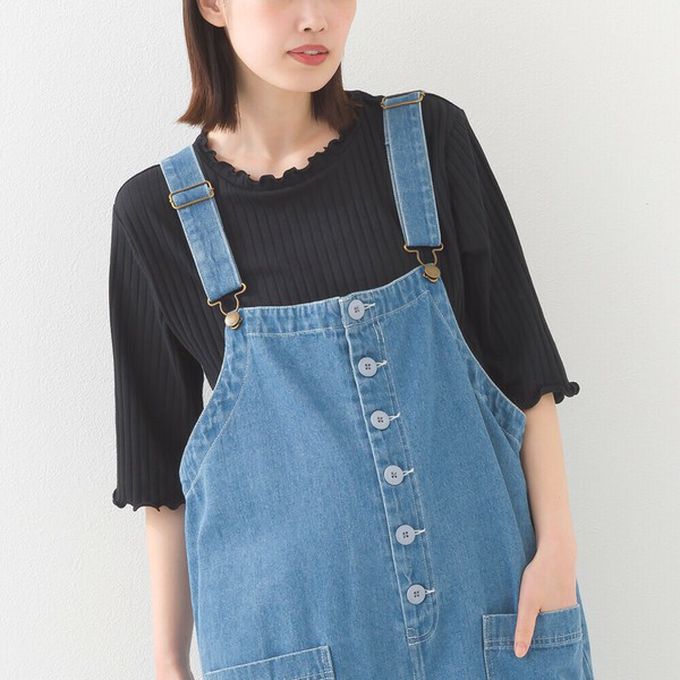 日本 OMNES - 輕盈木耳邊合身羅紋短袖上衣-土耳其藍