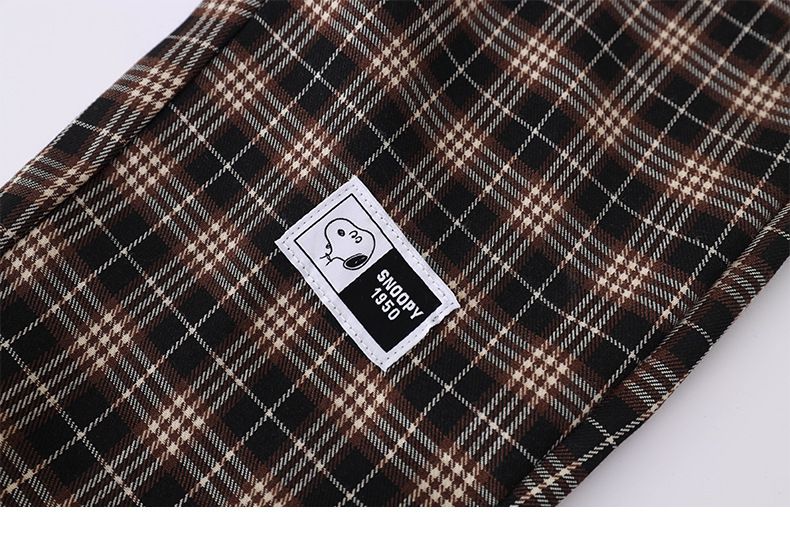 卡通人物史努比腰鬆緊休閒寬褲-格紋款-黑色