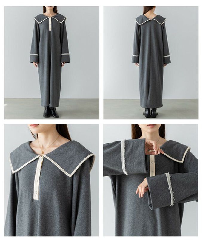 日本 Bab - 滾邊個性大翻領休閒長袖洋裝-深灰