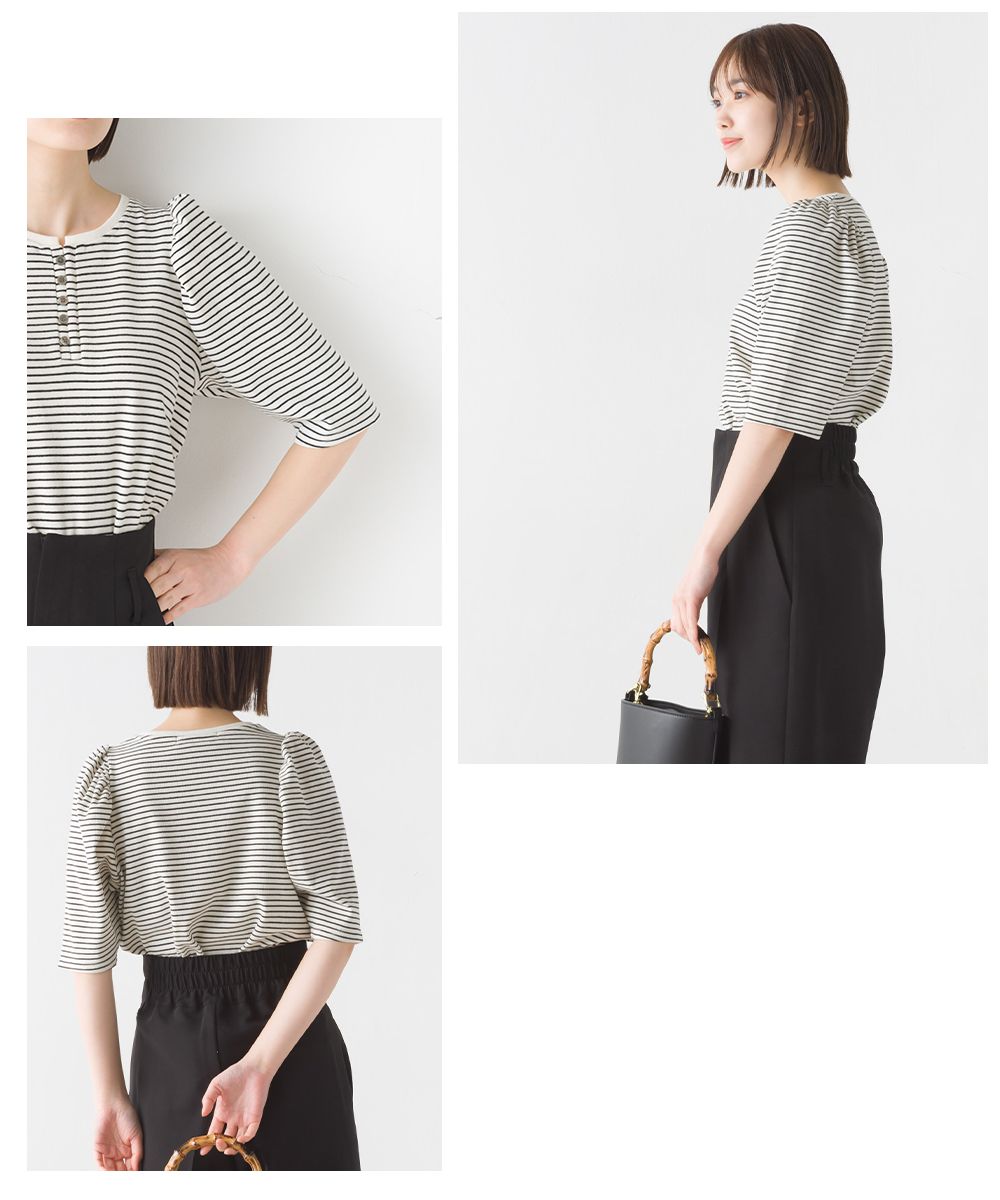 日本 OMNES - 圓領百搭泡泡短袖上衣-黑