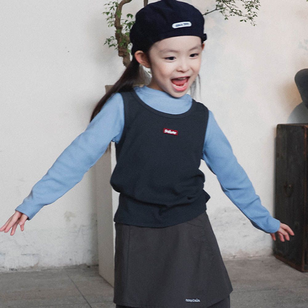 假兩件高彈針織長袖上衣-拼色灰藍