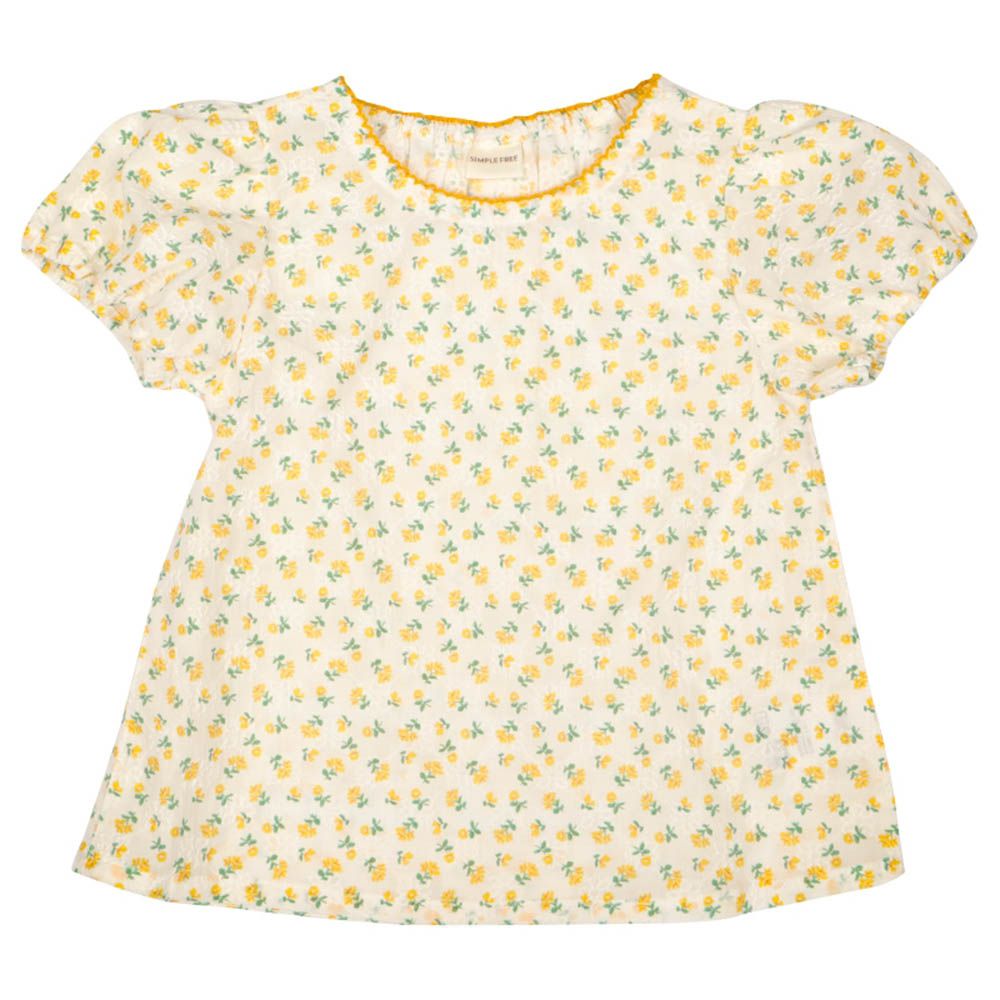 短袖長版上衣-蕾絲印花-奶油色