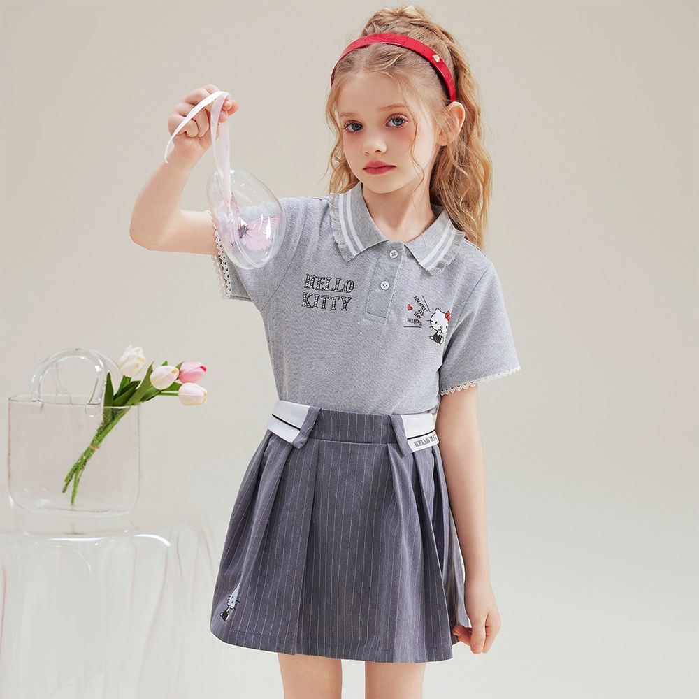 學院風翻領短袖上衣+短裙套裝-卡通人物Hello Kitty-灰色