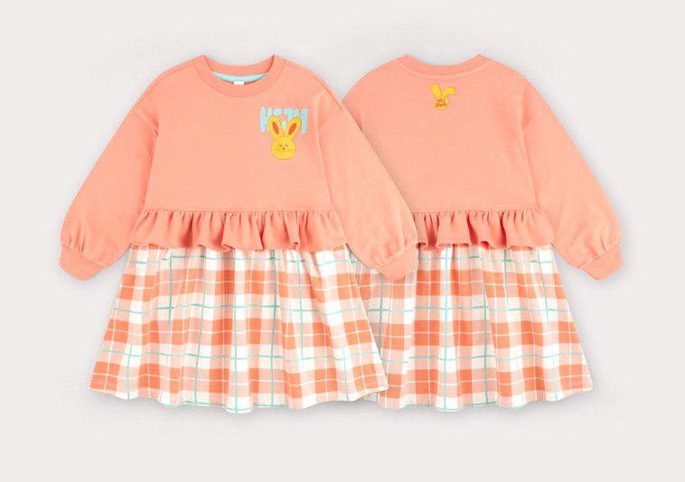 韓國 HEJMINI - 假兩件小黃兔格子洋裝