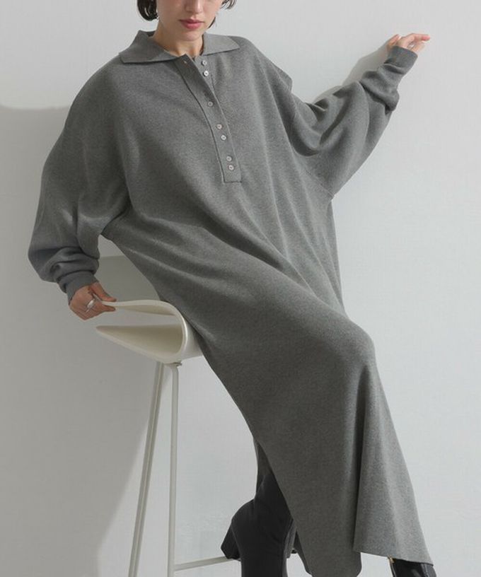日本 Lupilien - 氣質排扣polo衫針織長袖洋裝-灰