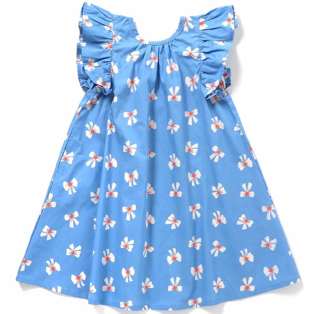 特色滿版印花荷葉短袖洋裝-蝴蝶結-藍