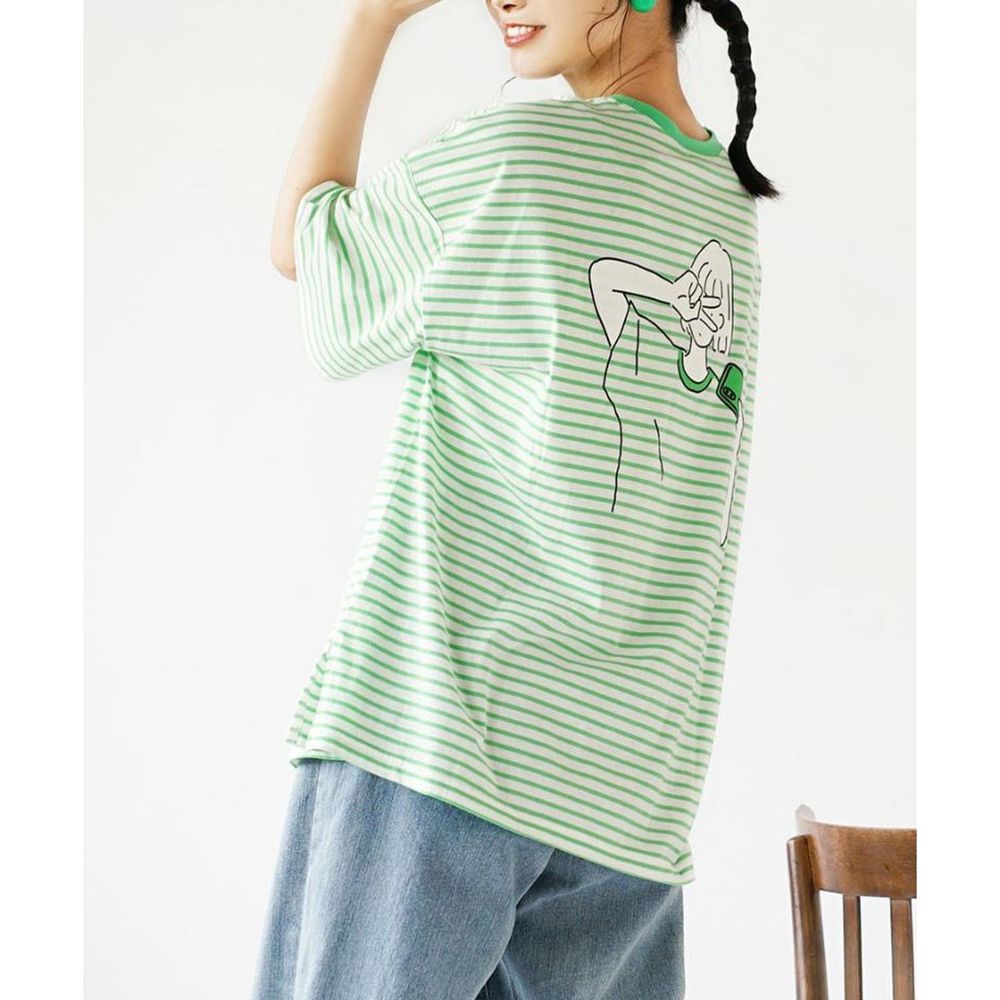 日本 zootie - 落肩寬鬆插圖設計條紋短T-綠