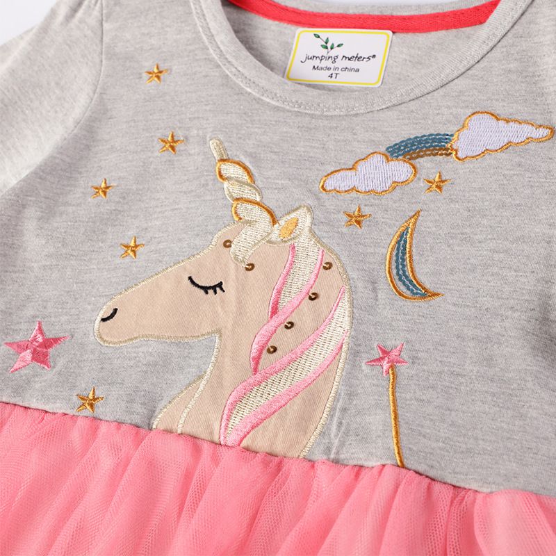 Jumping meters - 棉質圓領長袖連身網紗洋裝-星星獨角獸-灰+粉