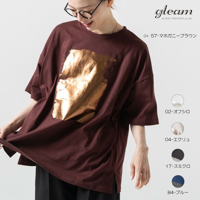 日本 gleam - 燙金光澤廓形寬版天竺棉短袖T恤-銀x炭灰