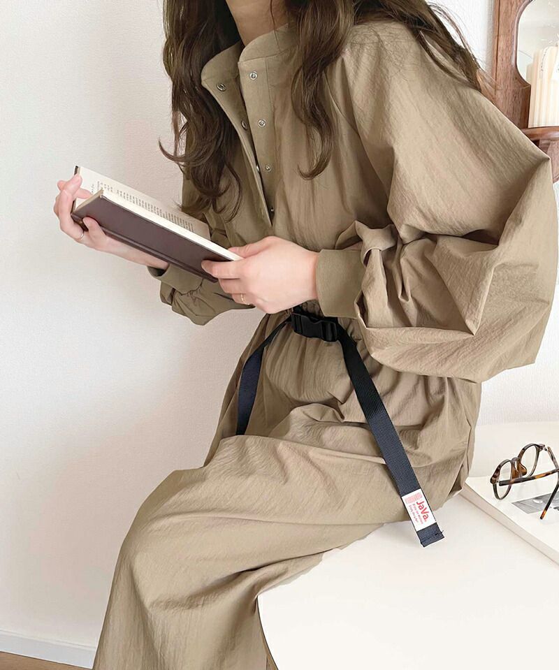 日本 Classical Elf - 簡約休閒抽繩收腰洋裝-卡其