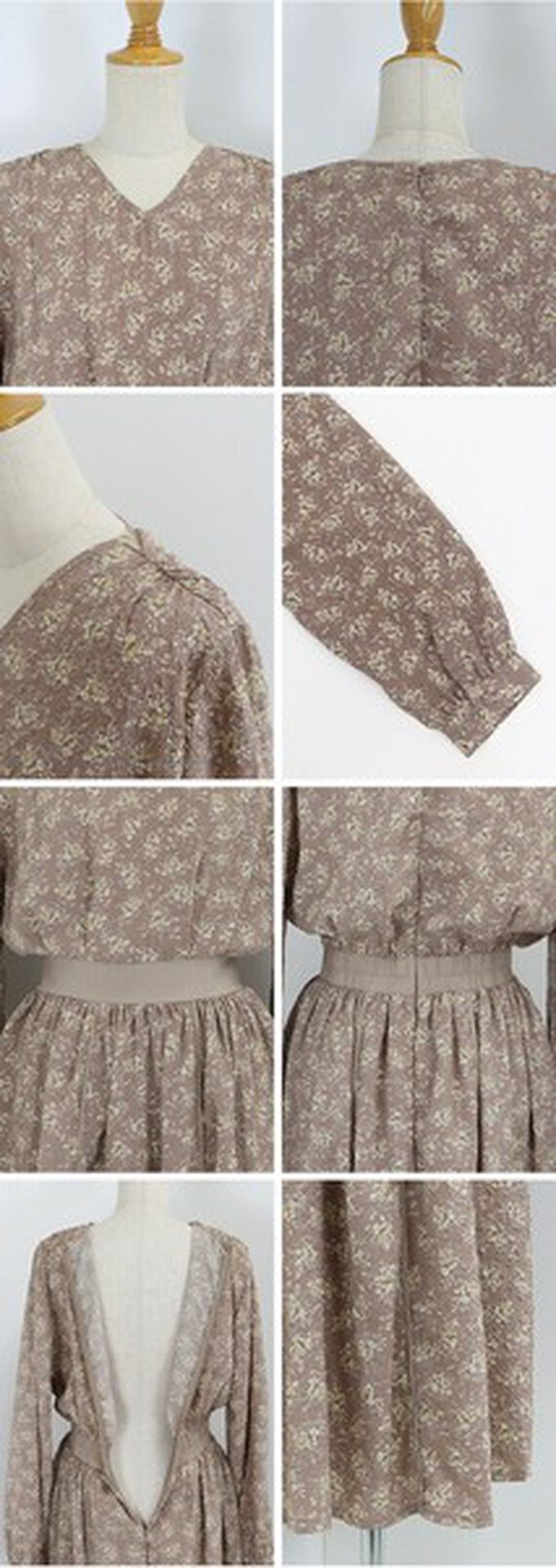 日本 BLUE EAST - 成熟花卉飄逸感V領長袖洋裝-摩卡