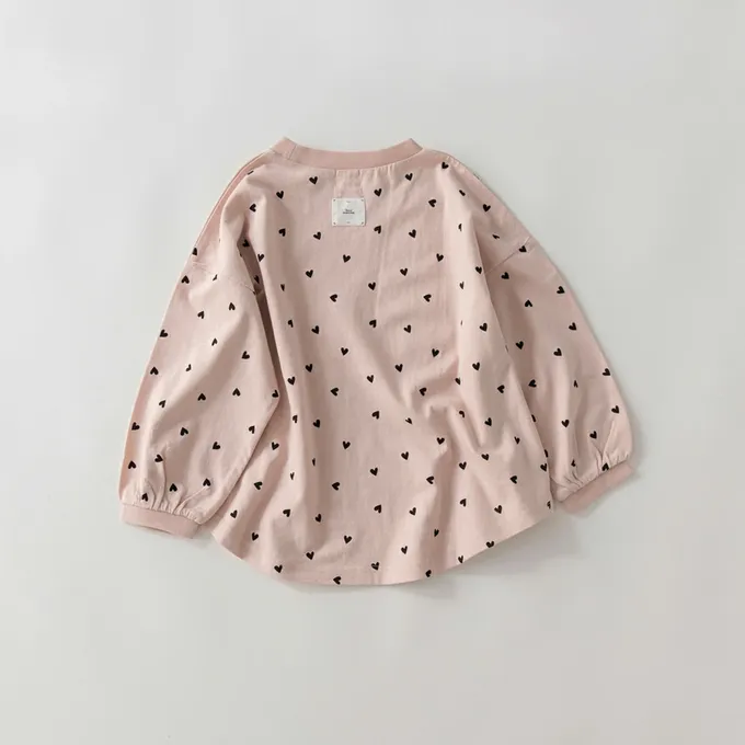 日本 BRANSHES - 圓弧下擺舒適縮口長袖上衣-小愛心-淺粉紅