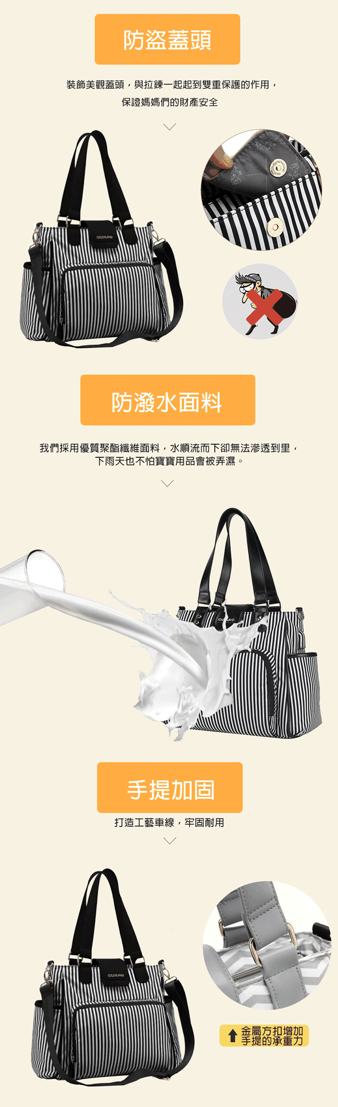 Colorland - 多格層手提&肩背包 中型時尚 附USB接頭-黑色條紋 (35*16*28cm)