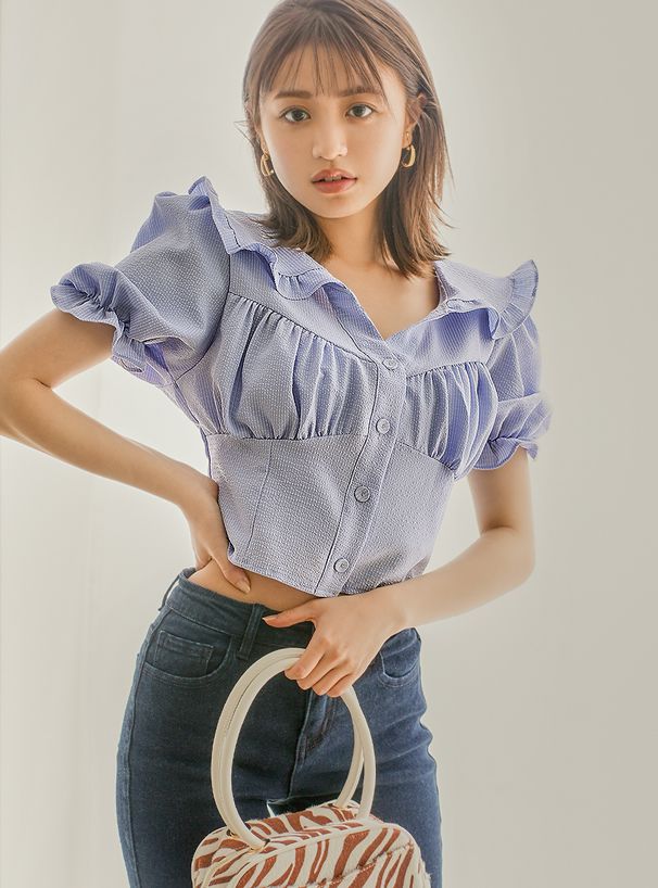 日本 GRL - 荷葉抓皺修身短版短袖襯衫-天使白