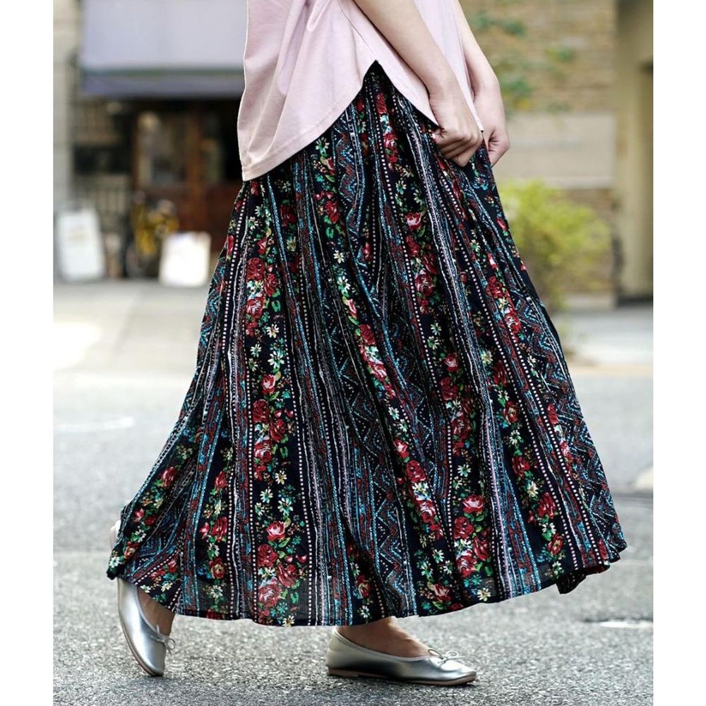 日本 zootie - 100%印度棉印花長裙-條紋玫瑰-黑