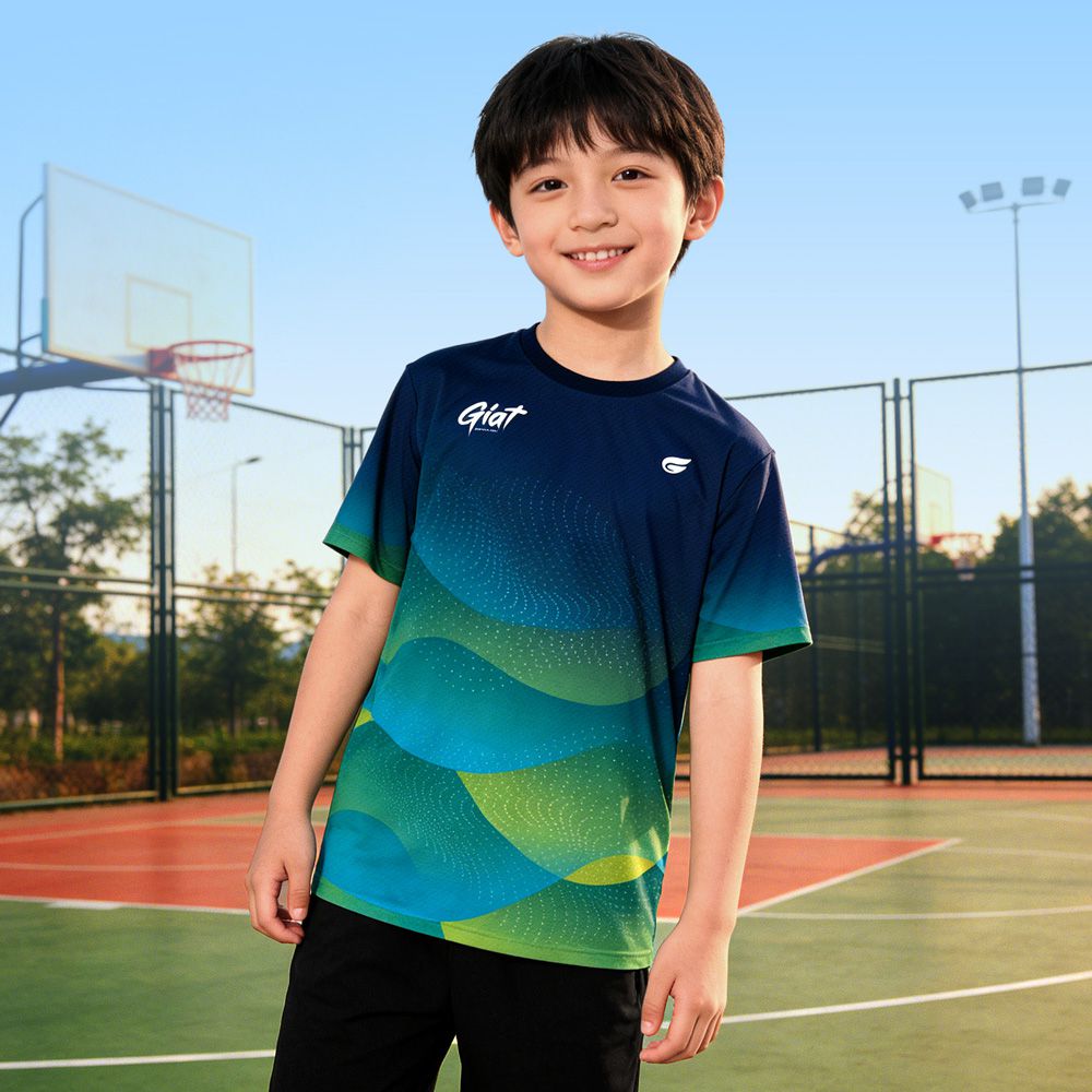 獨家設計款透氣排汗衣-兒童/短袖-海洋律浪/藍綠