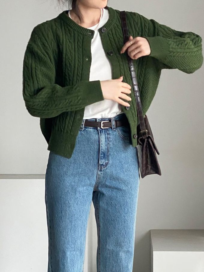 韓國女裝連線 - 麻花捲鈕扣無領針織外套-墨綠 (FREE)