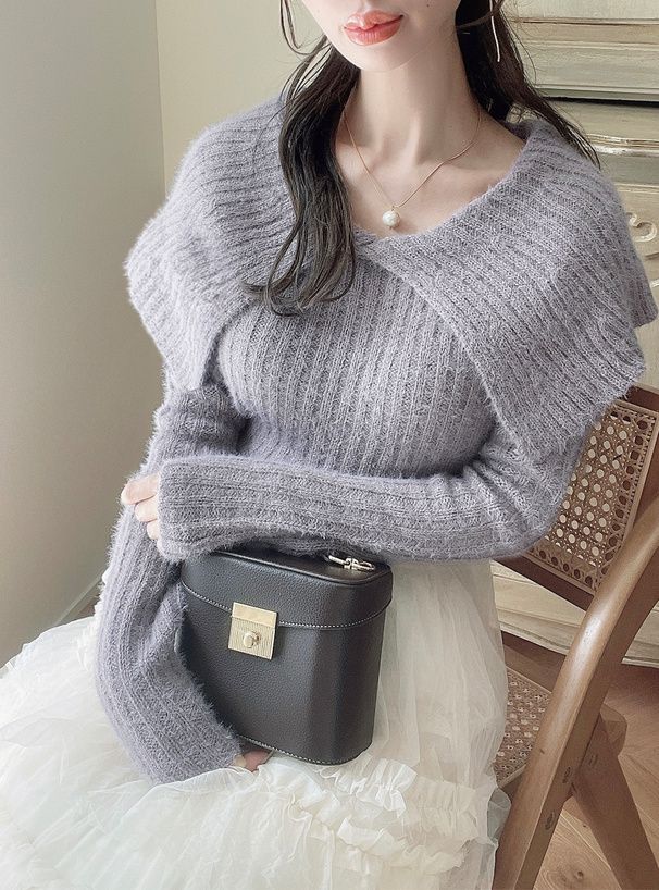 日本 GRL - 優雅甜美毛絨感大翻領針織上衣-黑