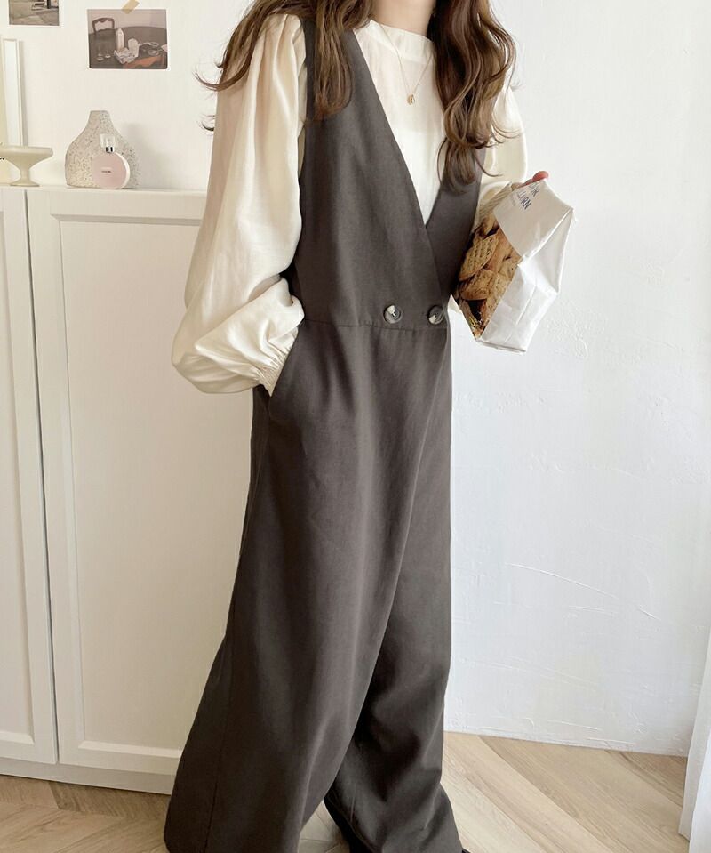 日本 Classical Elf - 棉麻透氣垂墜感連身褲-石墨灰