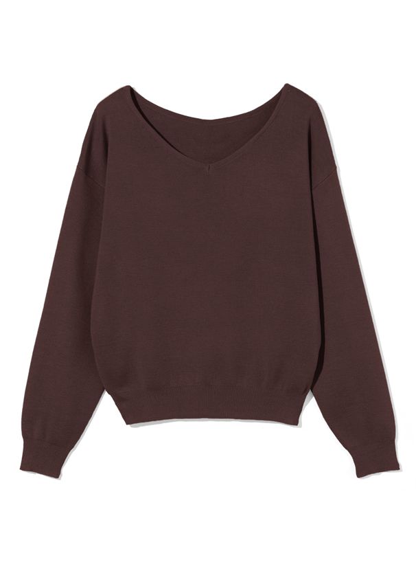 日本 GRL - 優雅V領長袖針織上衣-酒紅