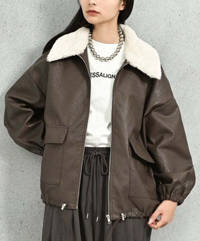 日本 ELENCARE DUE - 2way毛領質感仿皮俐落夾克外套-灰褐