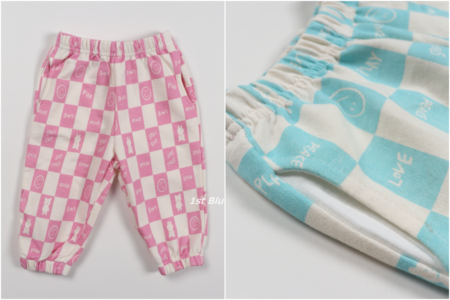 韓國 First Blue - 鬆緊腰方塊縮口長褲-黑